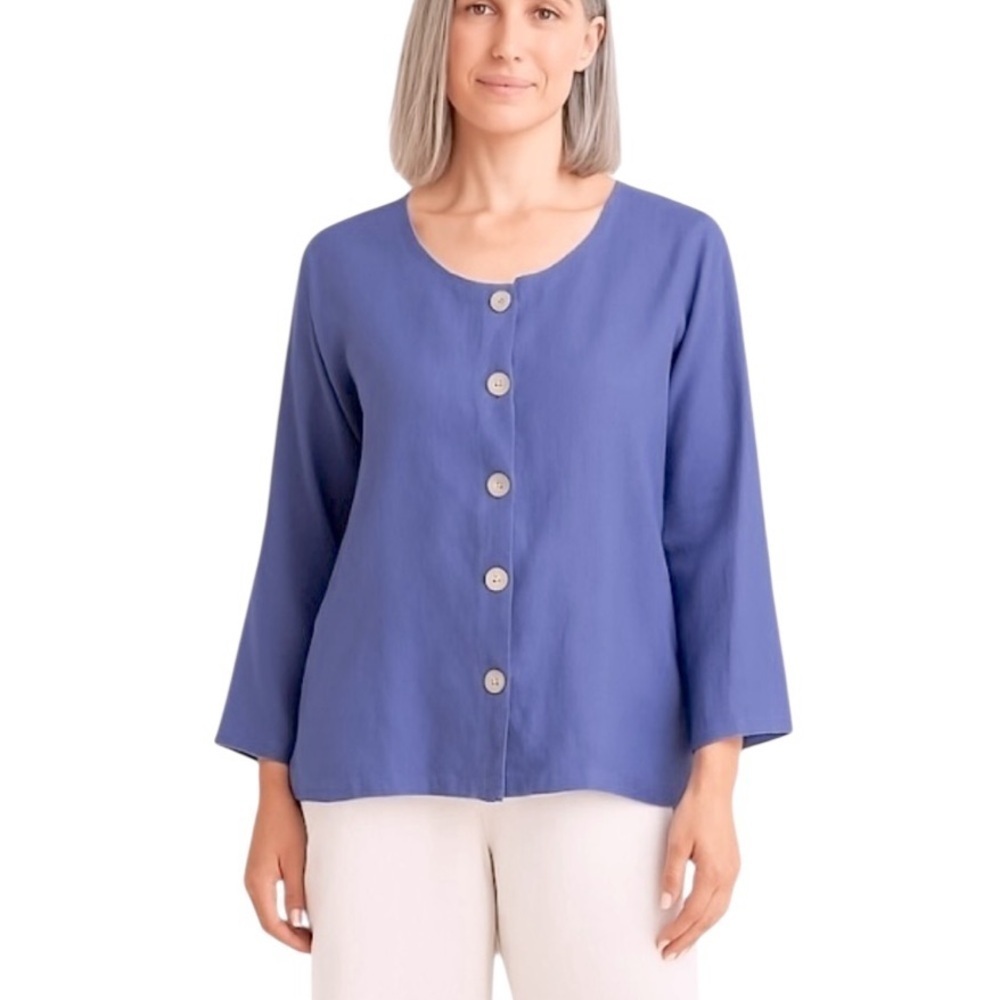 Flax Linen Button Front Jacket Top Periwinkle Blue Size M Relaxed Fit